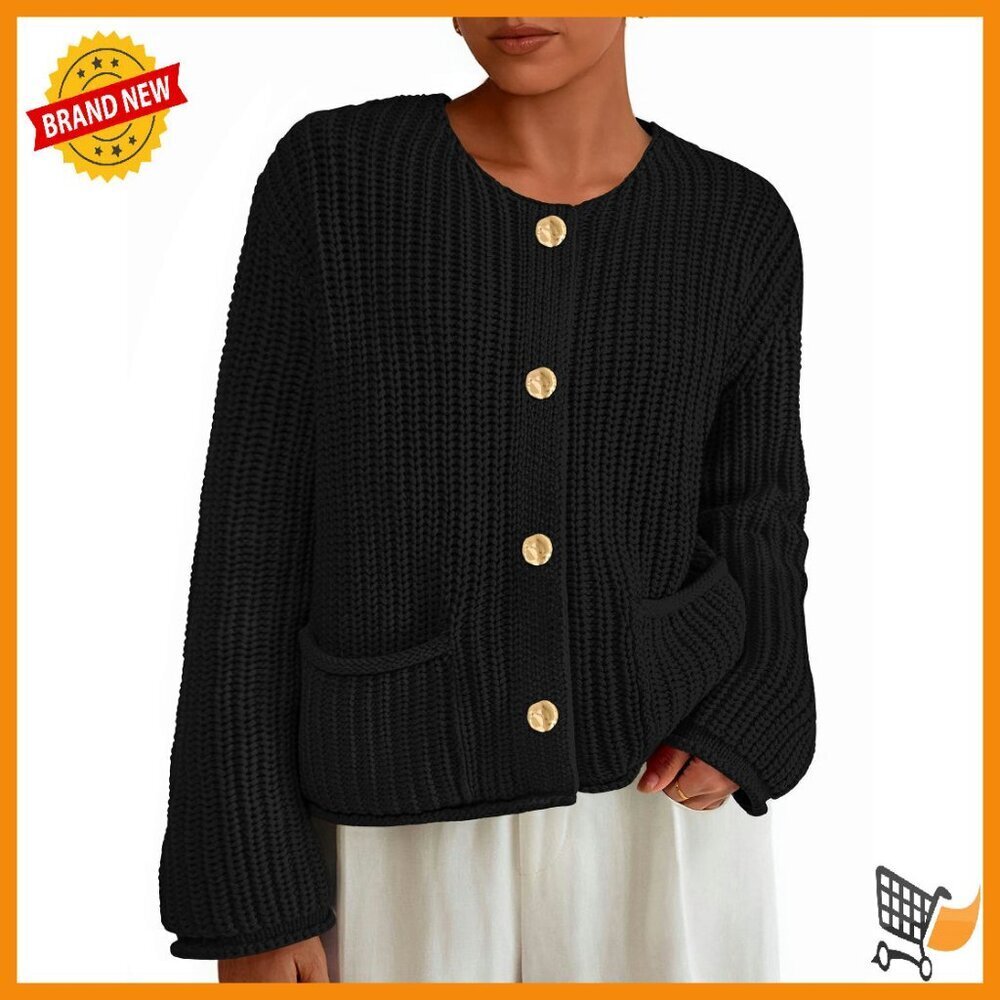 Oversized Chunky Knit Cardigan with Pockets, 60% Cotton 40% Acrylic